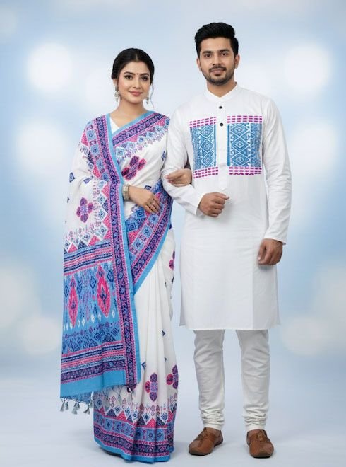 কাপল ড্রেস কালেকশন চান্দুরি সিল্ক শাড়ি ও ধুপিয়ান পাঞ্জাবি